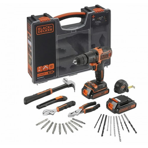 BLACK & DECKER BDCHD18BOHA AKUMULIATORINIS GRĘŽTUVAS 18V / 2 x 1,5AH + 26 PRIEDAI